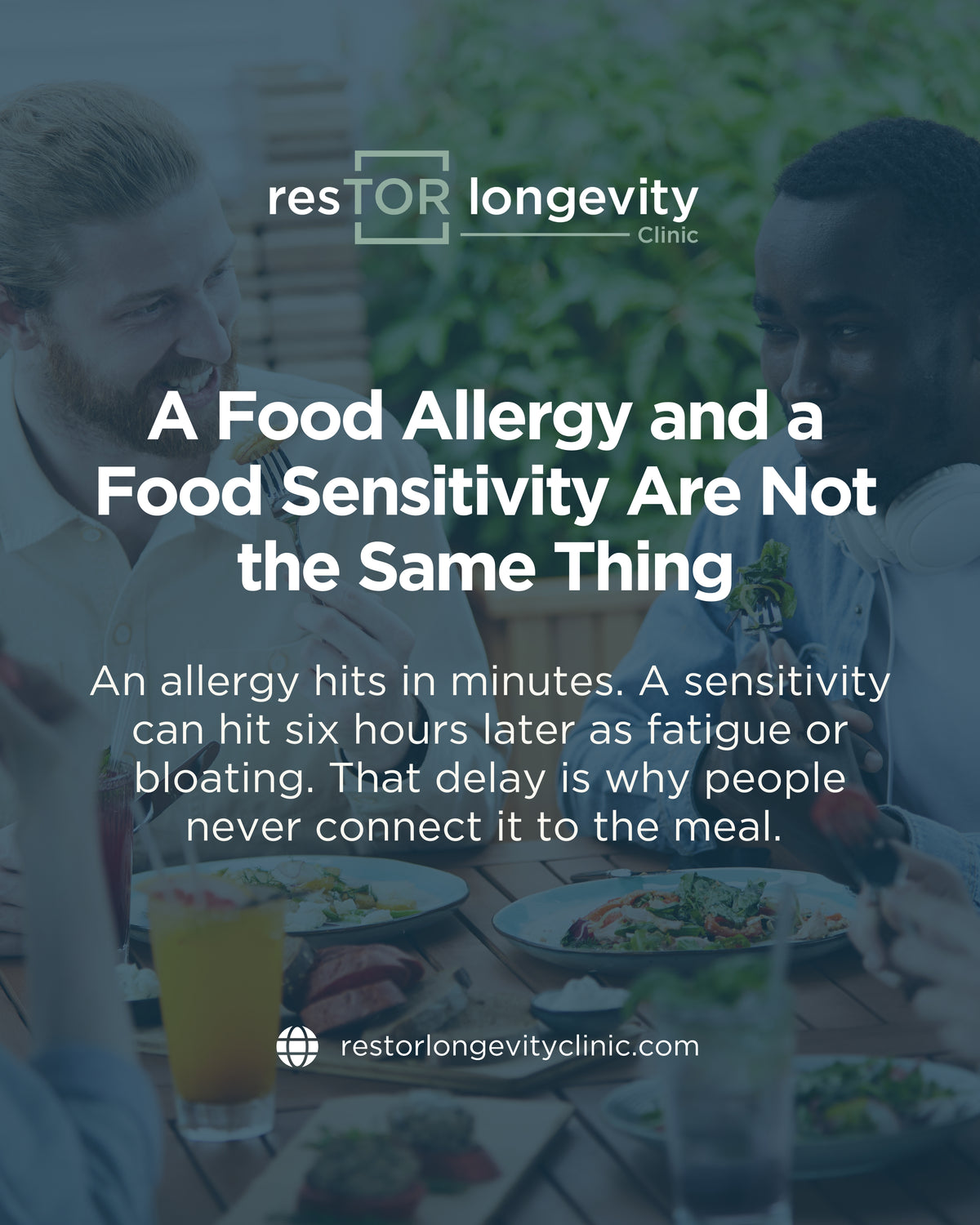resTOR Longevity graphic, A Food Allergy and a Food Sensitivity Are Not the Same Thing, on a dark muted background, Houston TX