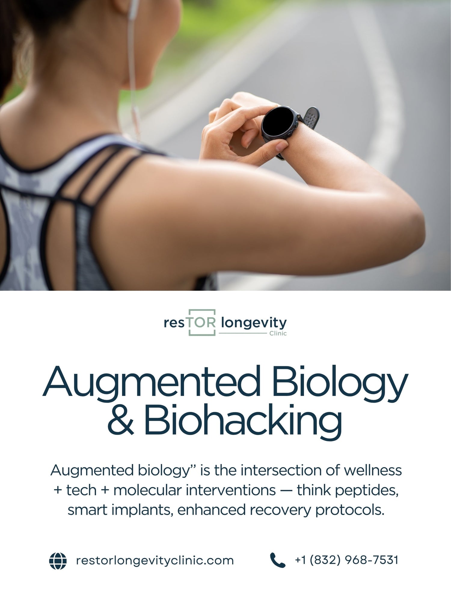 Person checking a smartwatch for biohacking and augmented biology tracking, representing personalized longevity strategies. Contact and website info for resTOR Longevity Clinic in Houston, Texas.