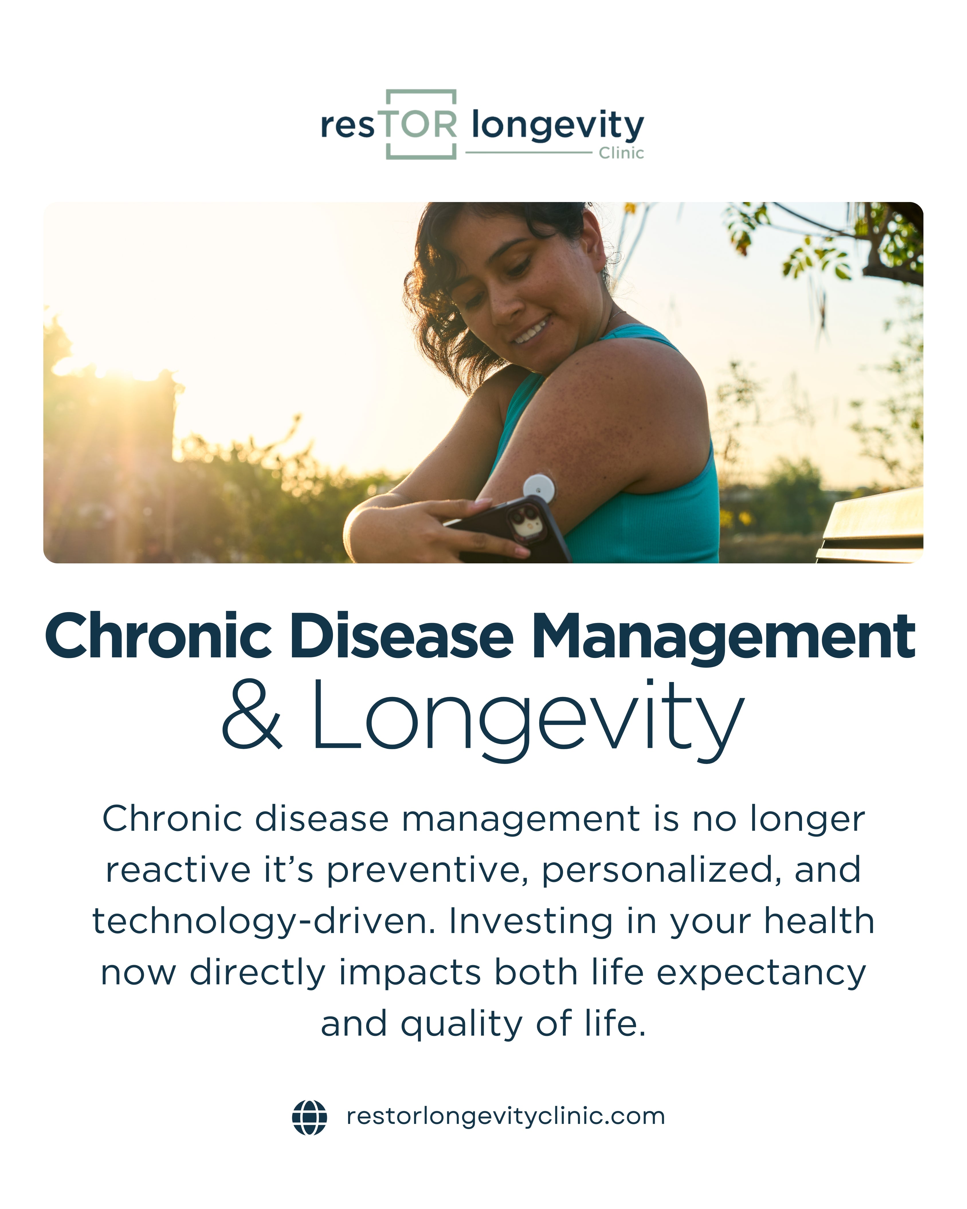 Woman scanning continuous glucose monitor on arm at resTOR Longevity Clinic in Houston TX