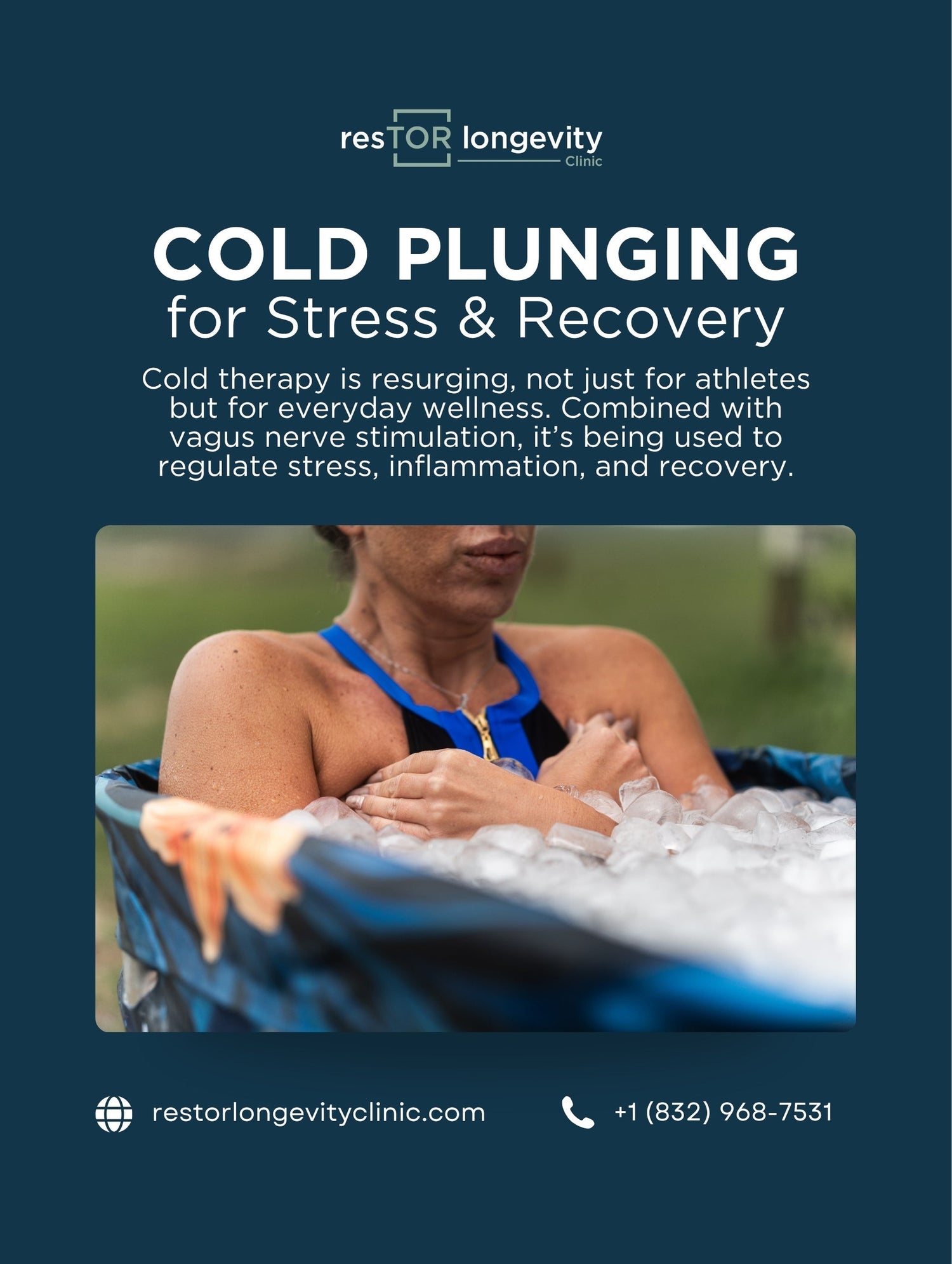 Person in blue swimsuit doing cold plunge for stress and recovery. Insights from resTOR Longevity Clinic, Houston, Texas
