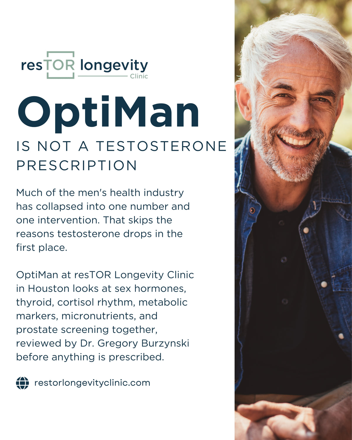 resTOR Longevity OptiMan graphic on men's hormone health, showing a smiling silver haired man outdoors, Houston TX