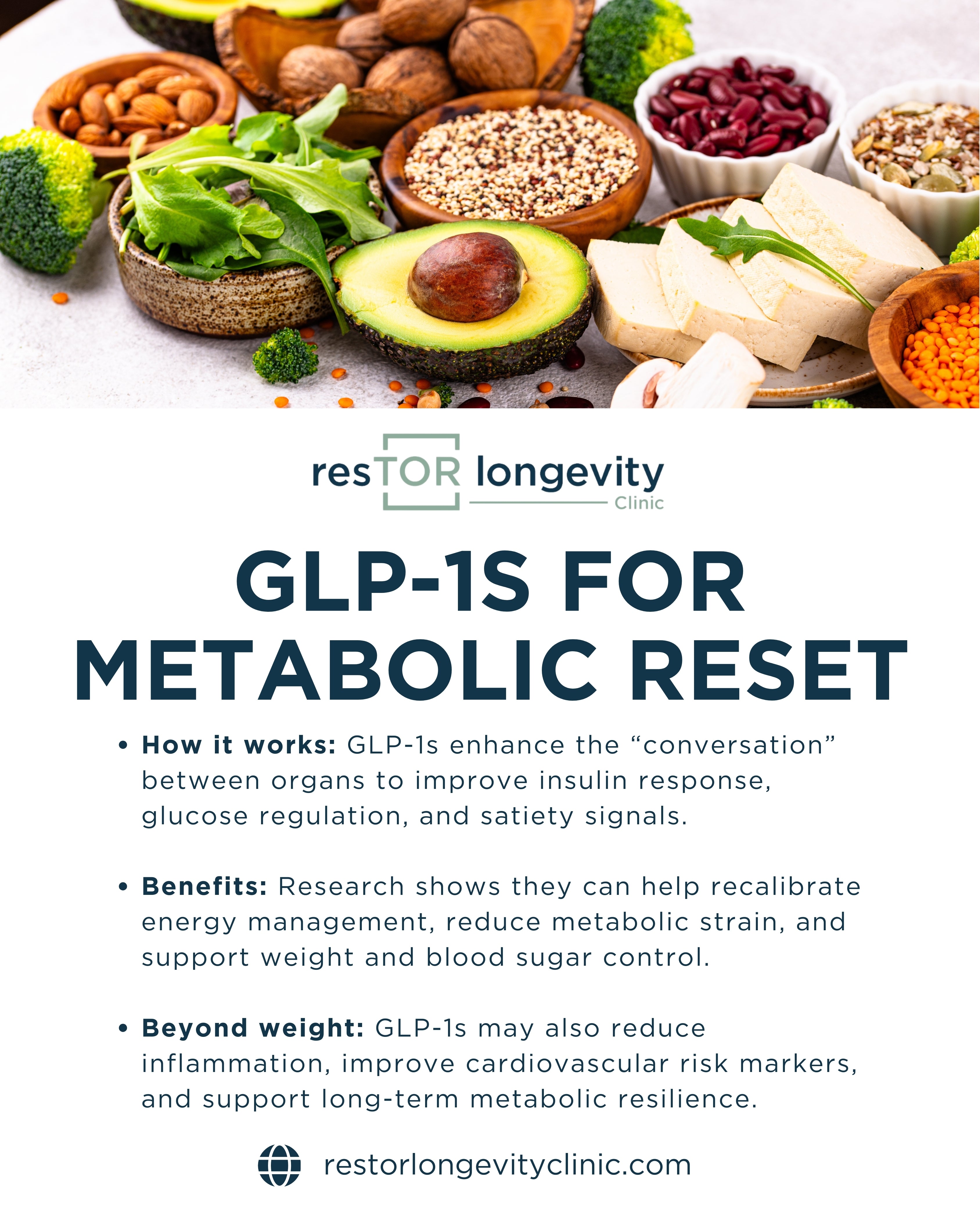 Healthy meal highlighting GLP-1 benefits for glucose control and metabolic health at resTOR Longevity Clinic in Houston.
