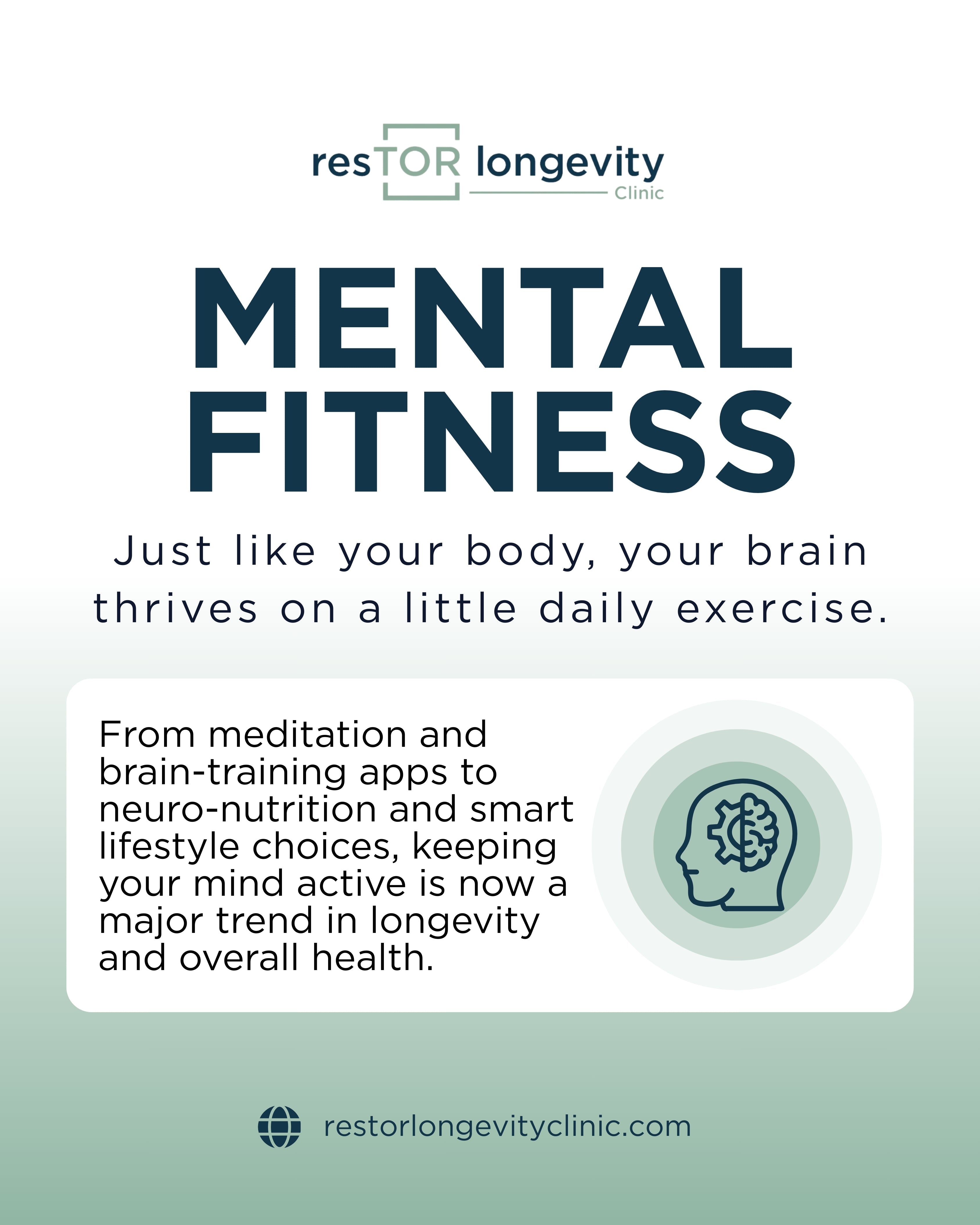 Mental fitness poster for brain health at resTOR Longevity Clinic in Houston, Texas with Dr. Greg Burzynskihighlighting daily exercise and lifestyle choices.