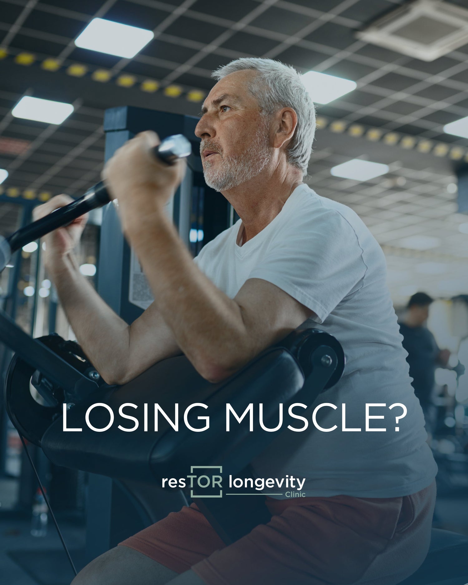Middle-aged man lifting weights, building strength and muscle for healthy aging with guidance from Dr. Gregory Burzynski at resTOR Longevity Clinic in Houston, Texas.