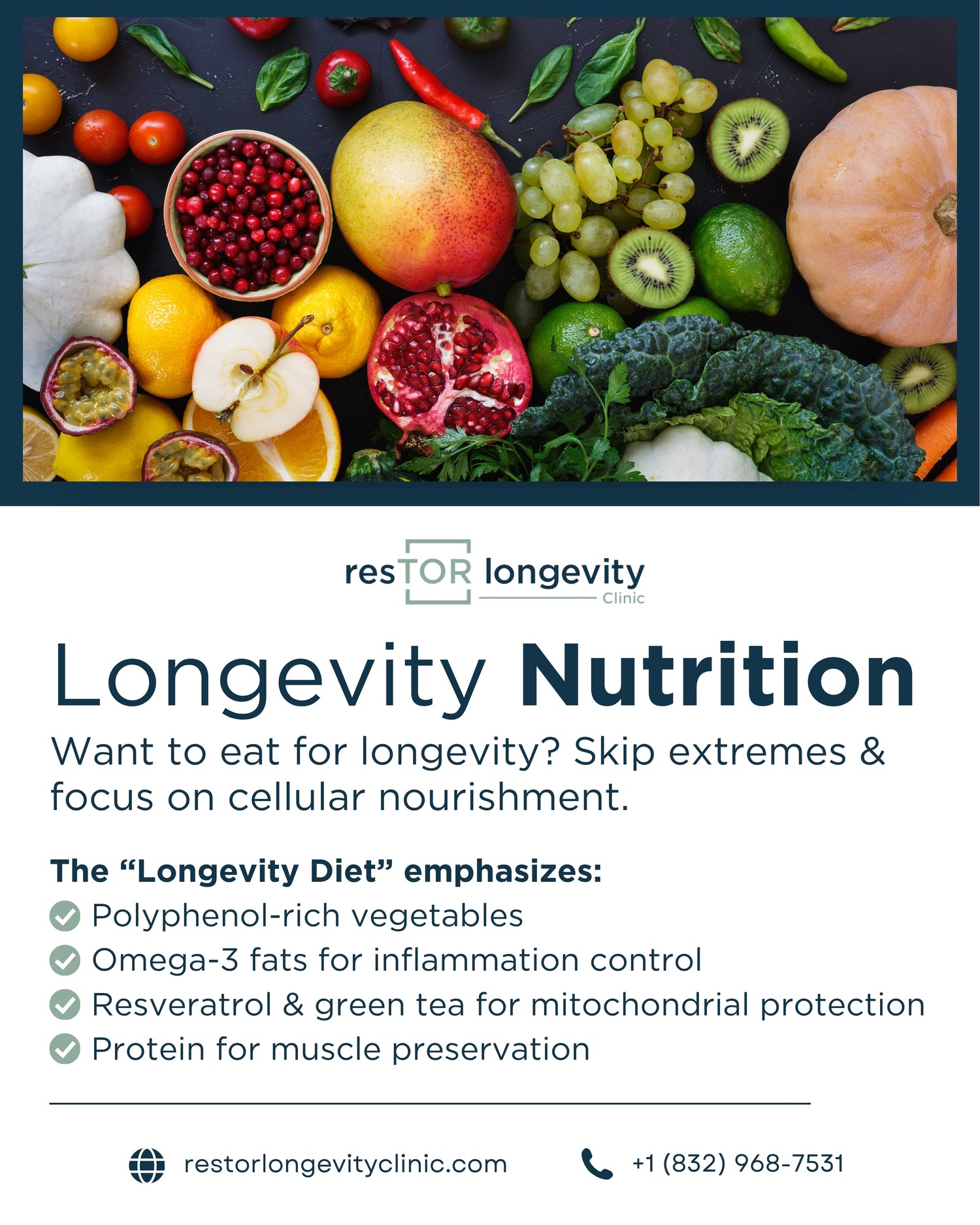 Dr. Gregory Burzynski’s resTOR Longevity Clinic: colorful fruits and vegetables highlighting a cellular nourishment diet for longevity in Houston, Texas.