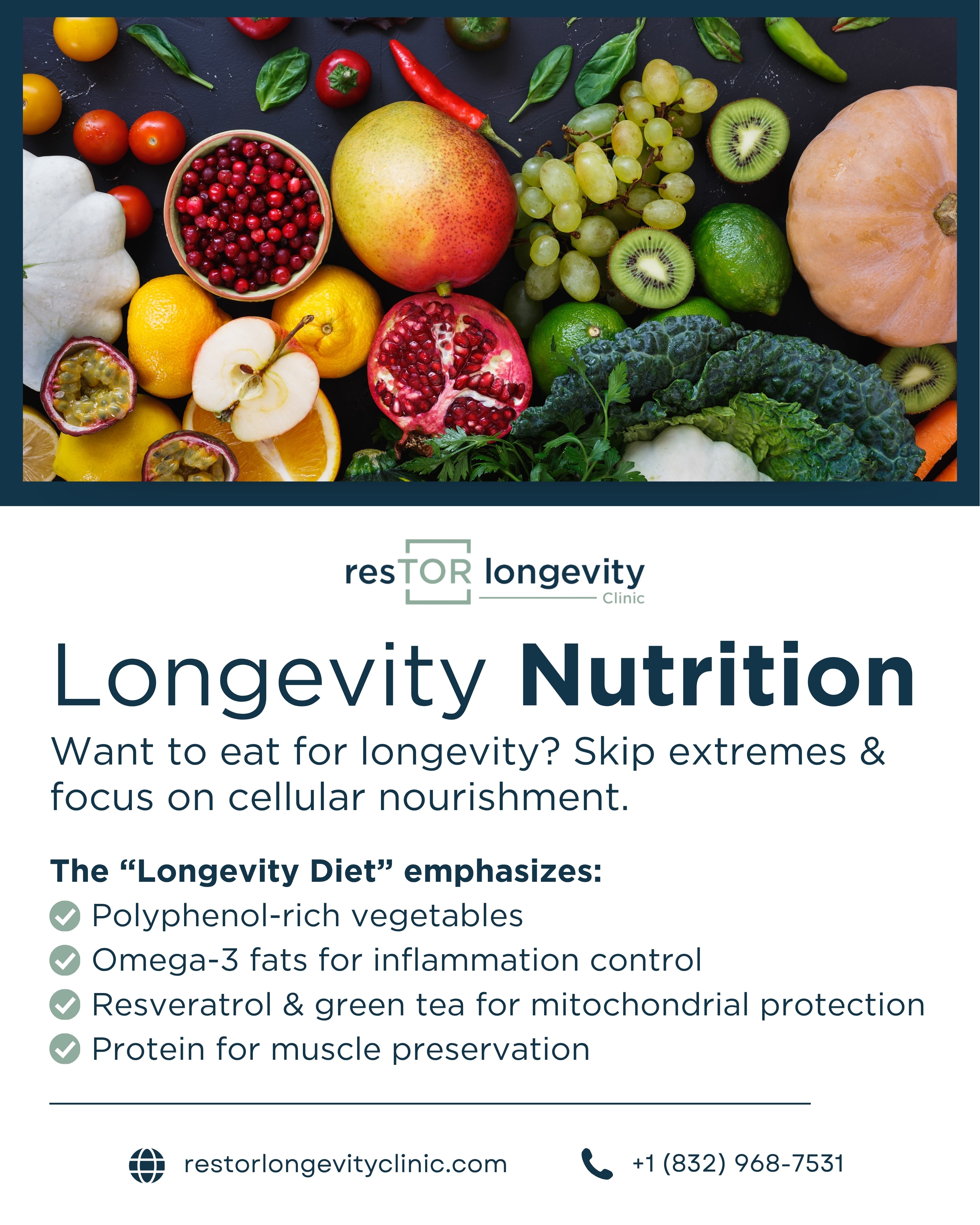 Dr. Gregory Burzynski’s resTOR Longevity Clinic: colorful fruits and vegetables highlighting a cellular nourishment diet for longevity in Houston, Texas.