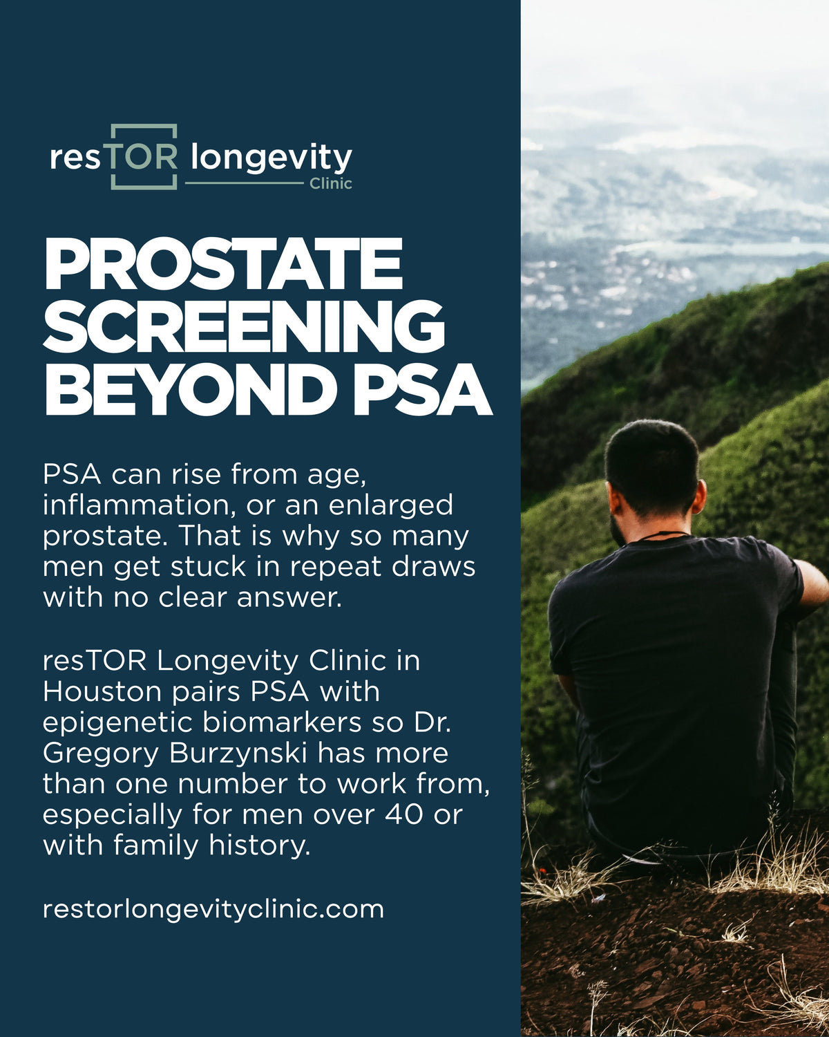 resTOR Longevity graphic, Prostate Screening Beyond PSA, showing a man sitting alone on a rocky hillside overlooking the coast, Houston TX