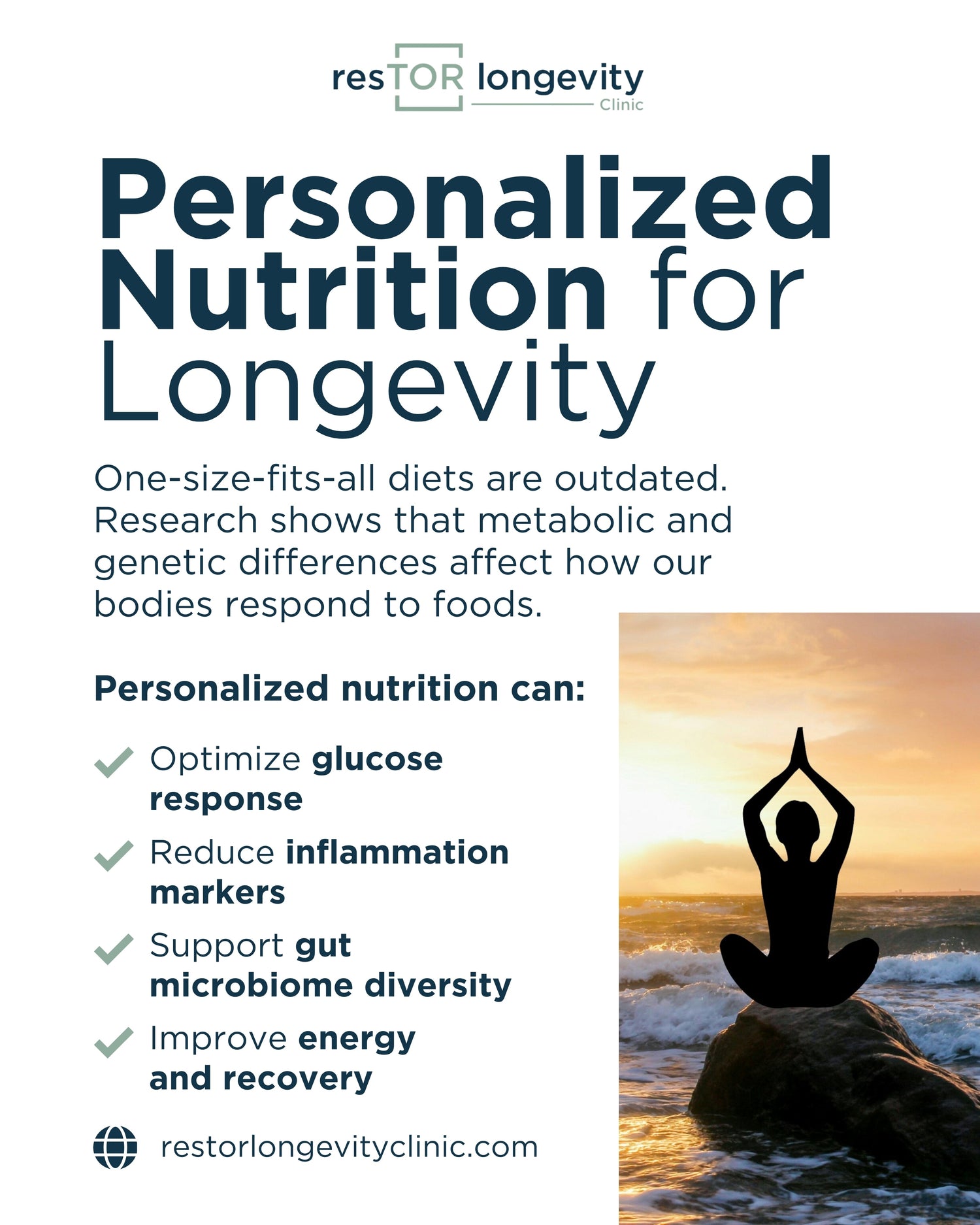 Poster on personalized nutrition for longevity at resTOR Longevity Clinic in Houston, Texas with Dr. Gregory Burzynski.