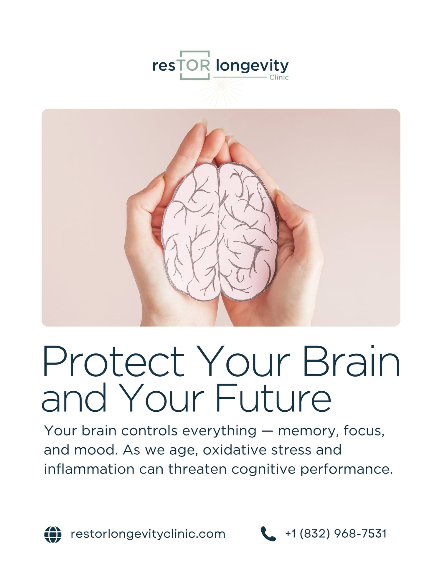 Hands holding a brain illustration highlighting cognitive health, with contact details for resTOR Longevity Clinic in Houston, Texas.