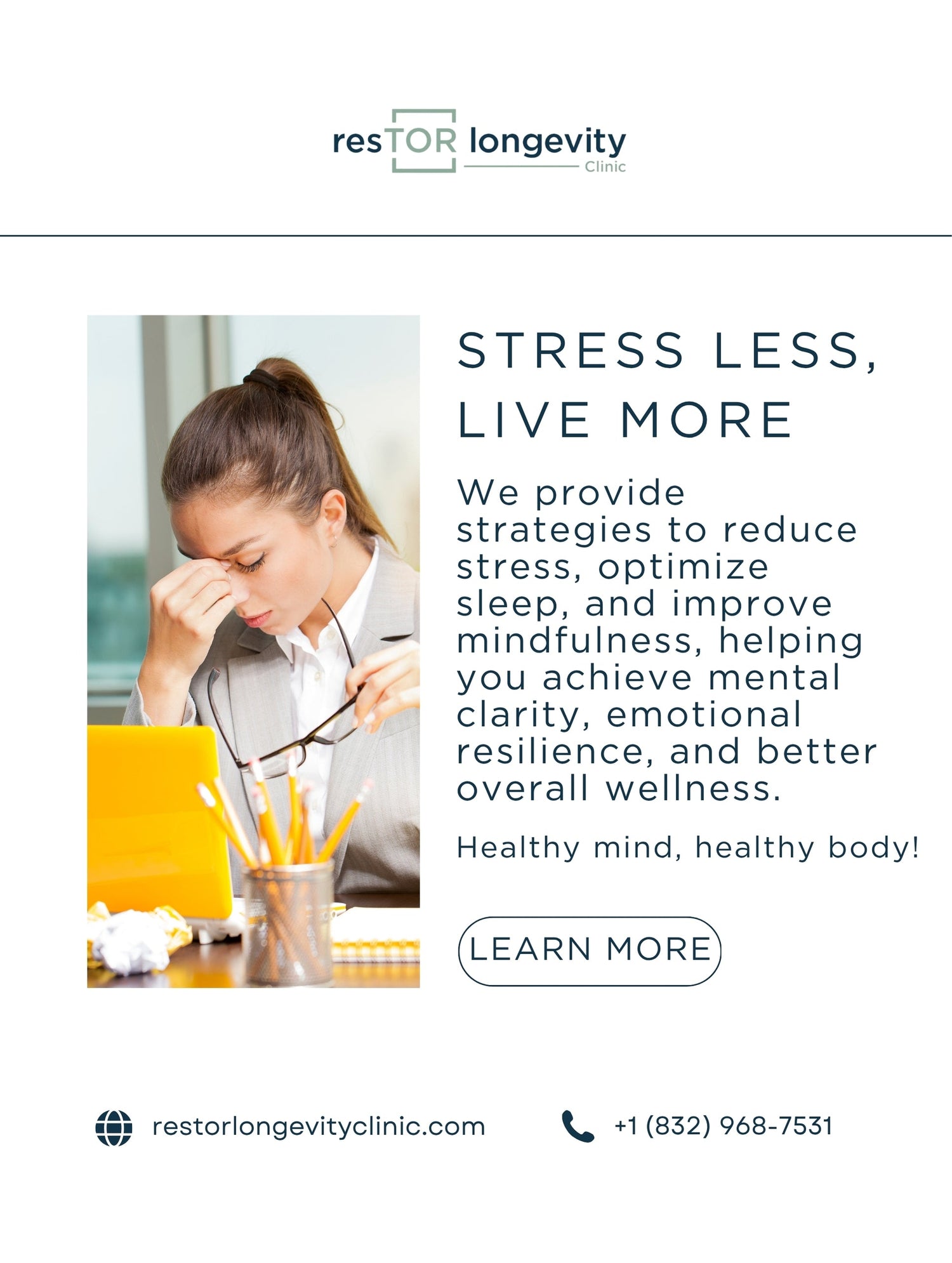 ChatGPT said: Stressed woman at desk, representing mental fatigue and highlighting wellness services at resTOR Longevity Clinic, Houston, TX.