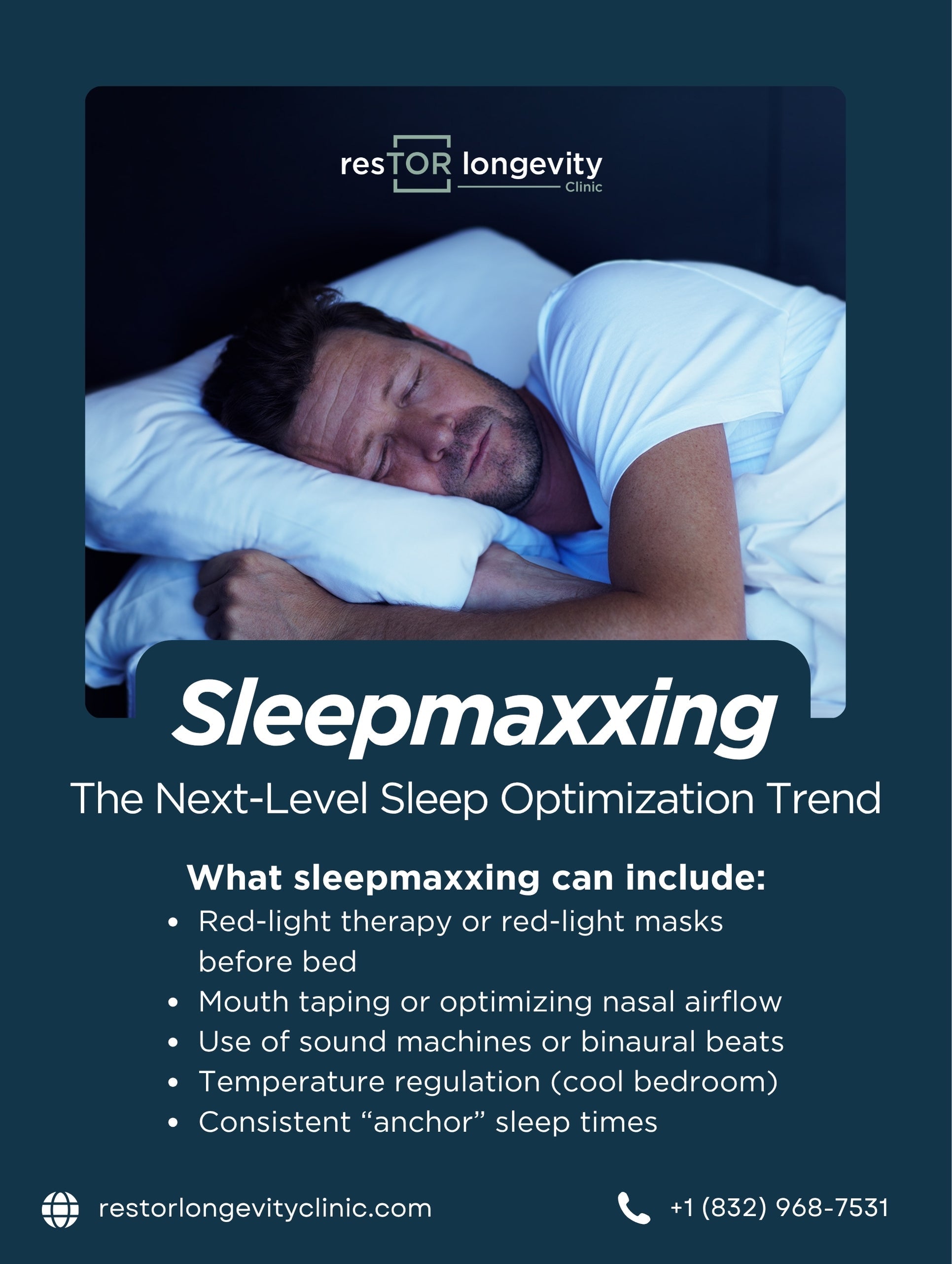Man sleeping peacefully with text about sleepmaxxing- sleep optimization trend. Contact reStore Longevity Clinic in Houston for safe, science backed personalized sleep plan.