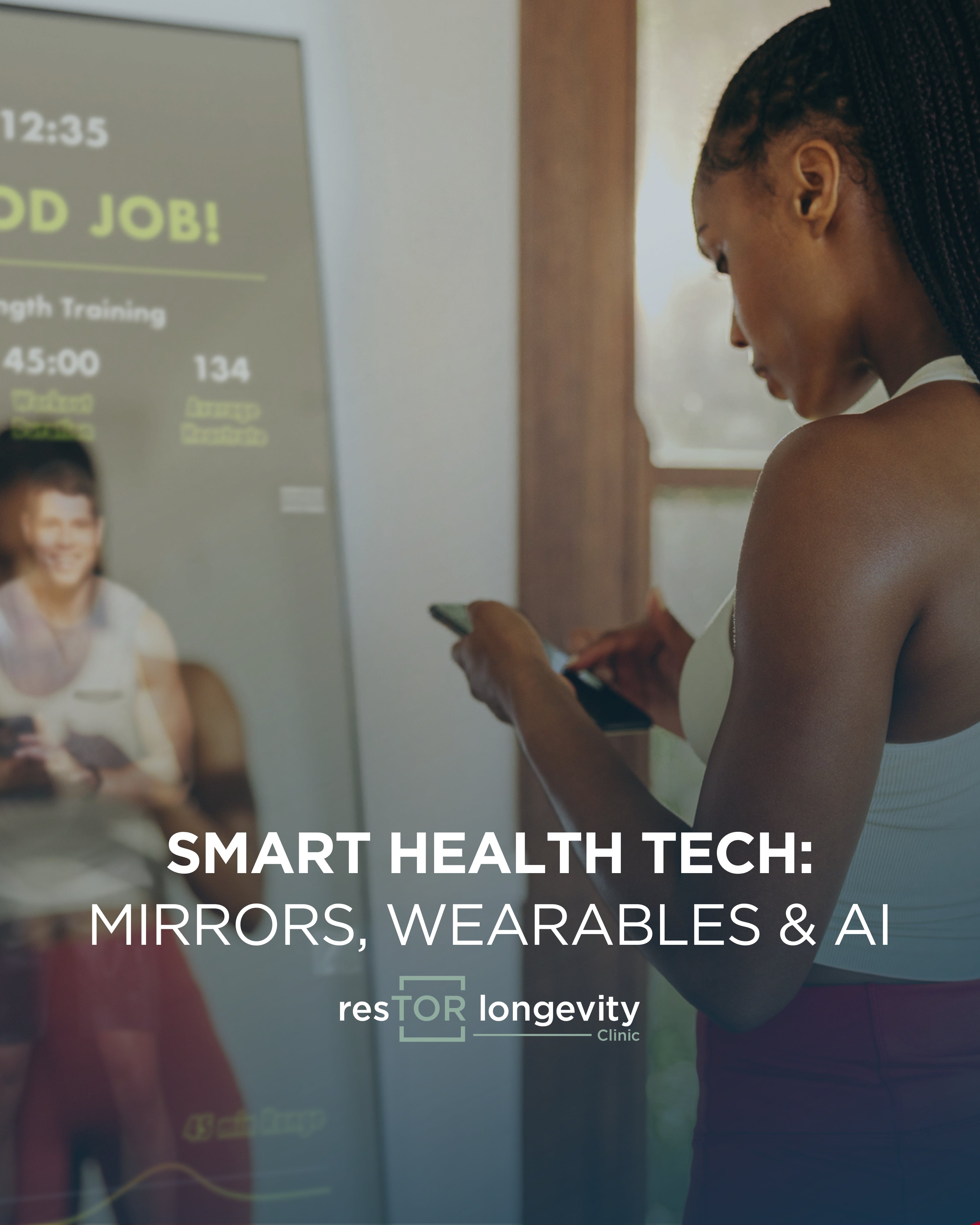 Woman reviewing smart health technology for preventive longevity care at resTOR Longevity Clinic in Houston, Texas