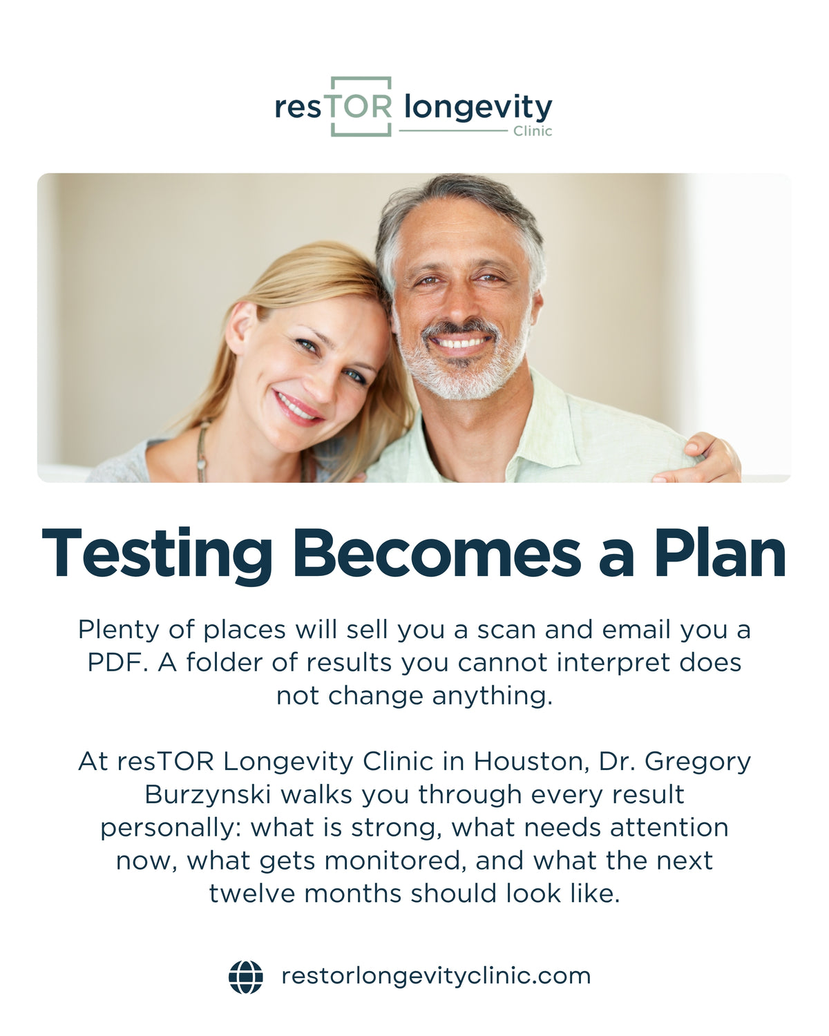 resTOR Longevity graphic, Testing Becomes a Plan, showing a smiling middle aged couple, Houston TX