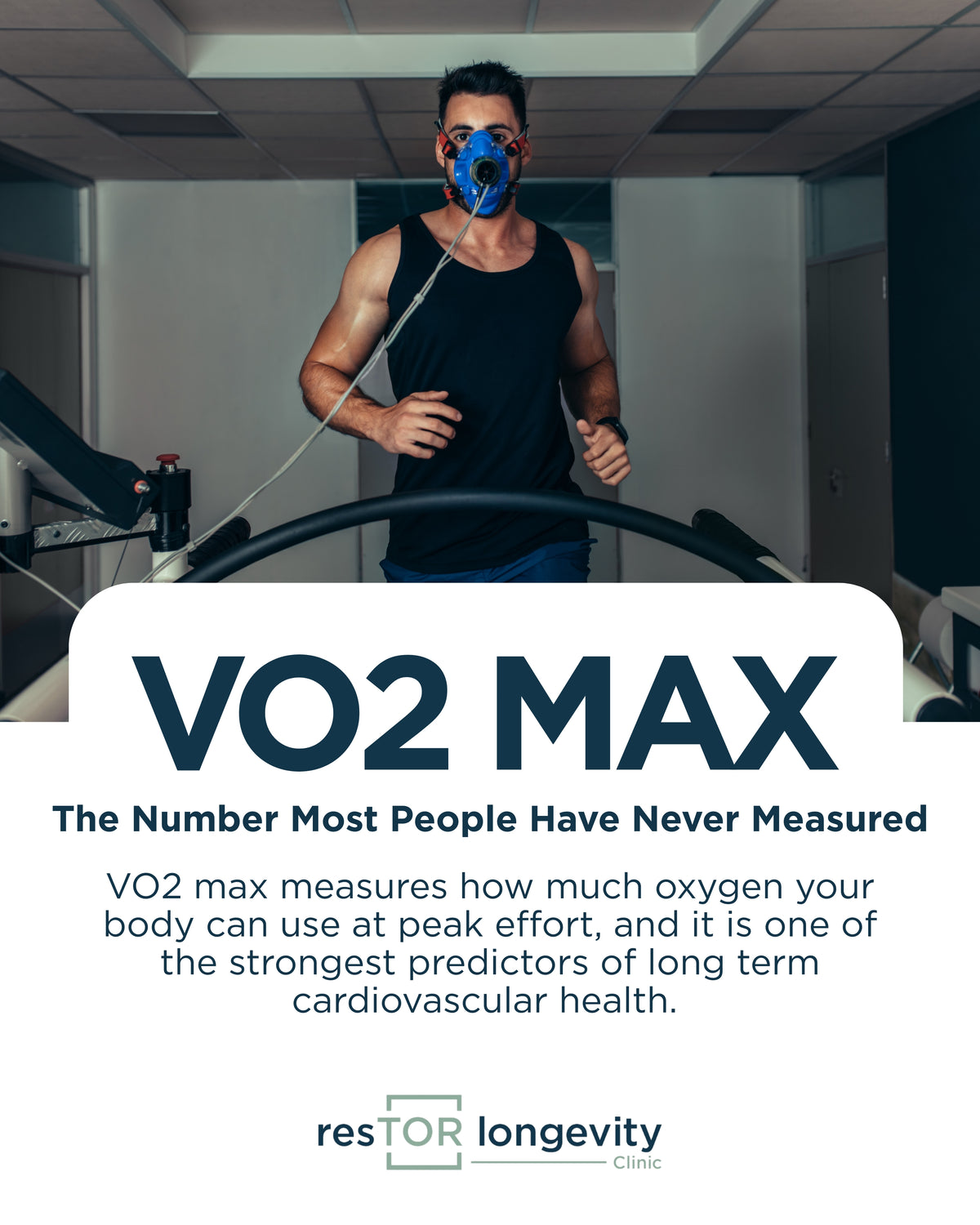 resTOR Longevity graphic, VO2 Max, showing a man running on a treadmill while wearing a metabolic testing mask, Houston TX