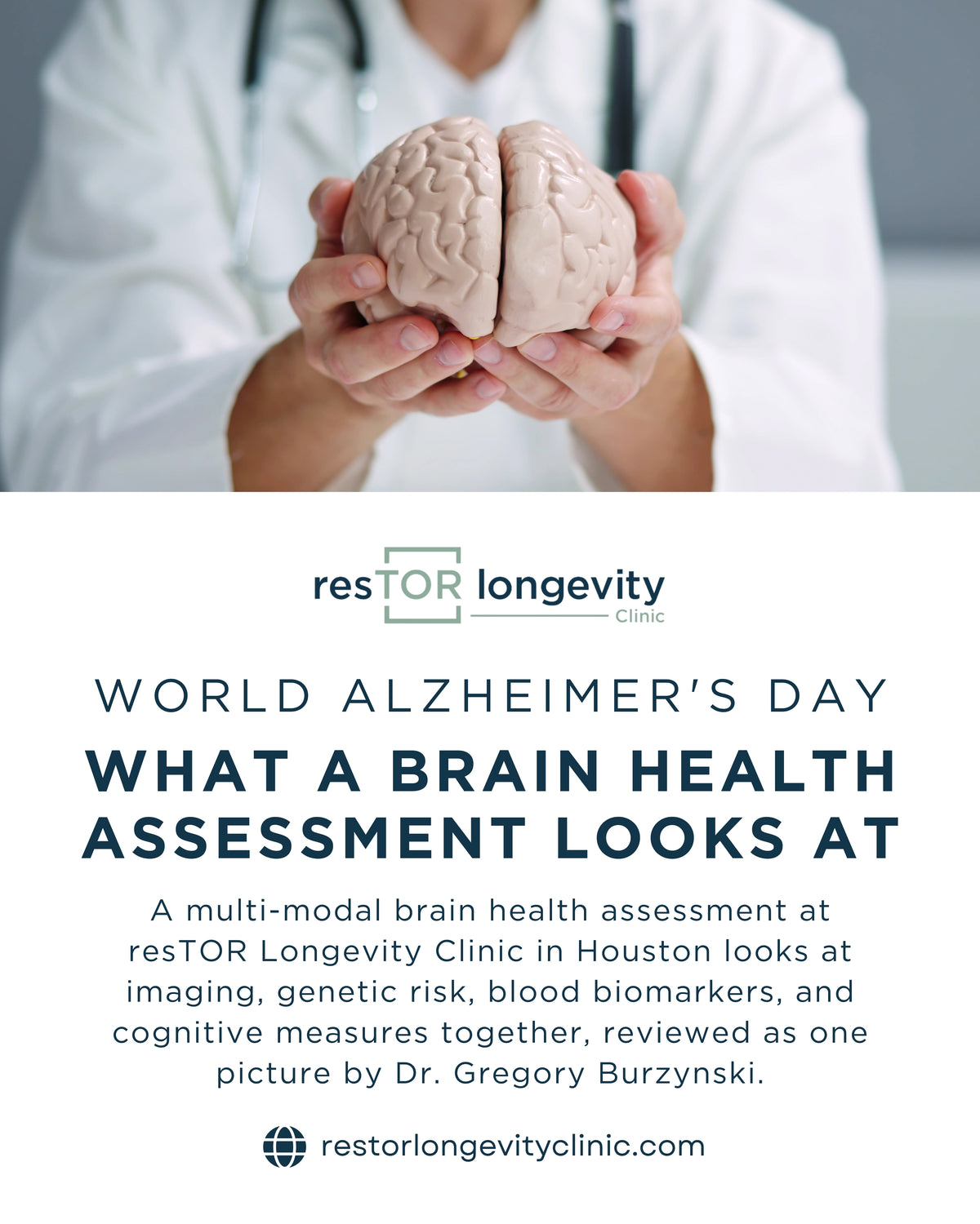 resTOR Longevity World Alzheimer's Day graphic on brain health assessment, showing hands in a white coat holding an anatomical brain model, Houston TX