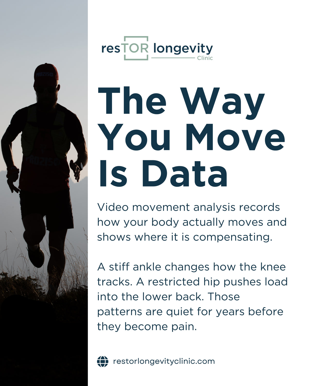 resTOR Longevity graphic, The Way You Move Is Data, showing the silhouette of a runner against a bright sky, Houston TX