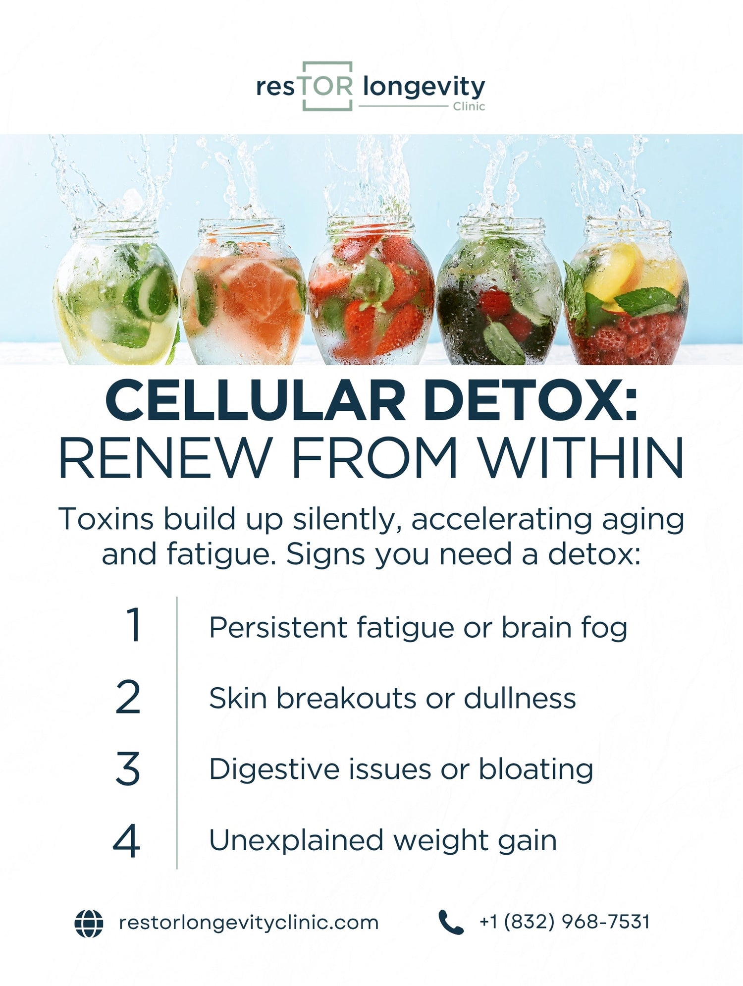 Cellular detox poster with natural herbs and water, promoting energy, liver health, and overall vitality at resTOR Longevity Clinic in Houston, Tx.