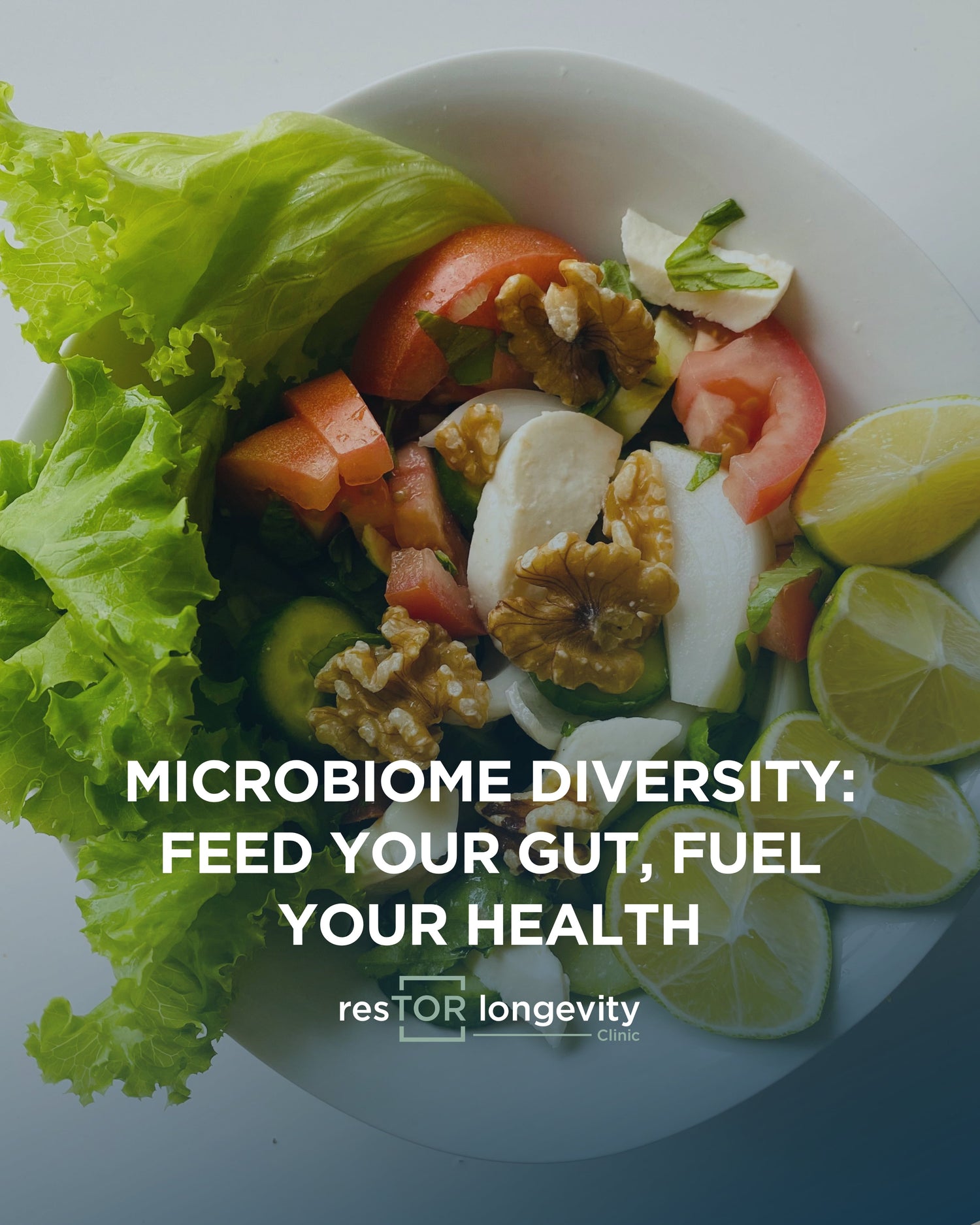 Bowl of healthy salad with text about microbiome diversity. Testing at resTOR Longevity Clinic in Houston, TX