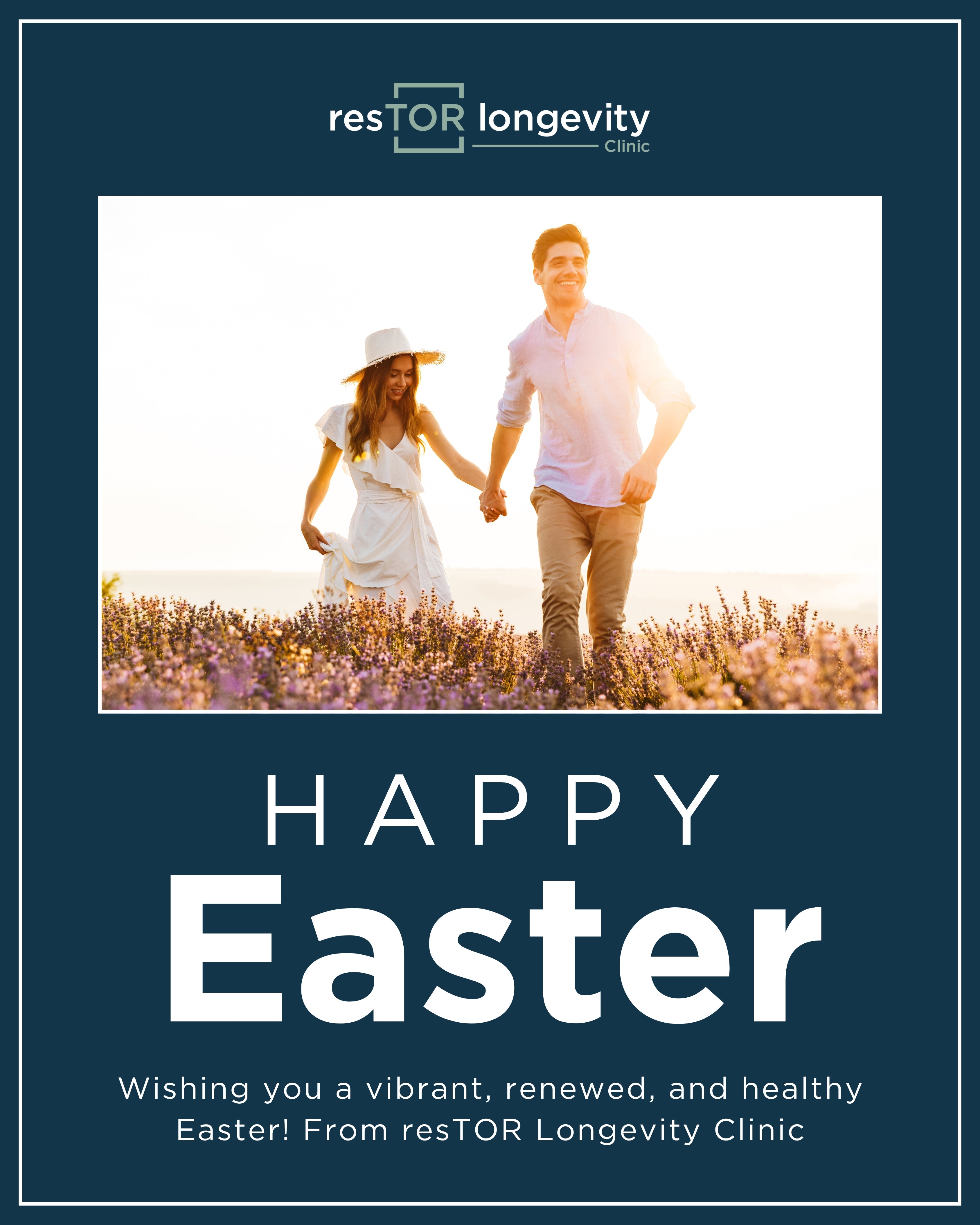 Man and woman running through flower field holding hands, resTOR Longevity Clinic promoting wellness and vitality this Easter.