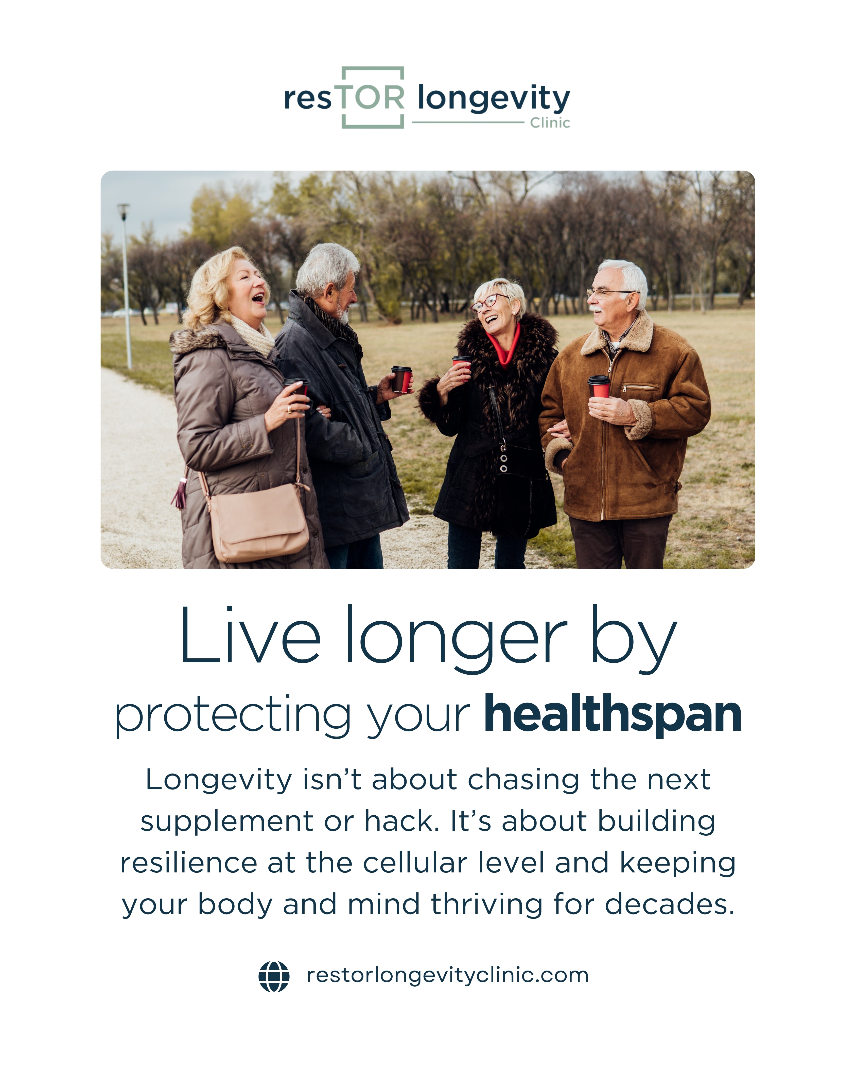 Group of elderly people laughing and walking outside. Longevity care by Dr. Gregory Burzynski at resTOR Longevity Clinic in Houston, Texas