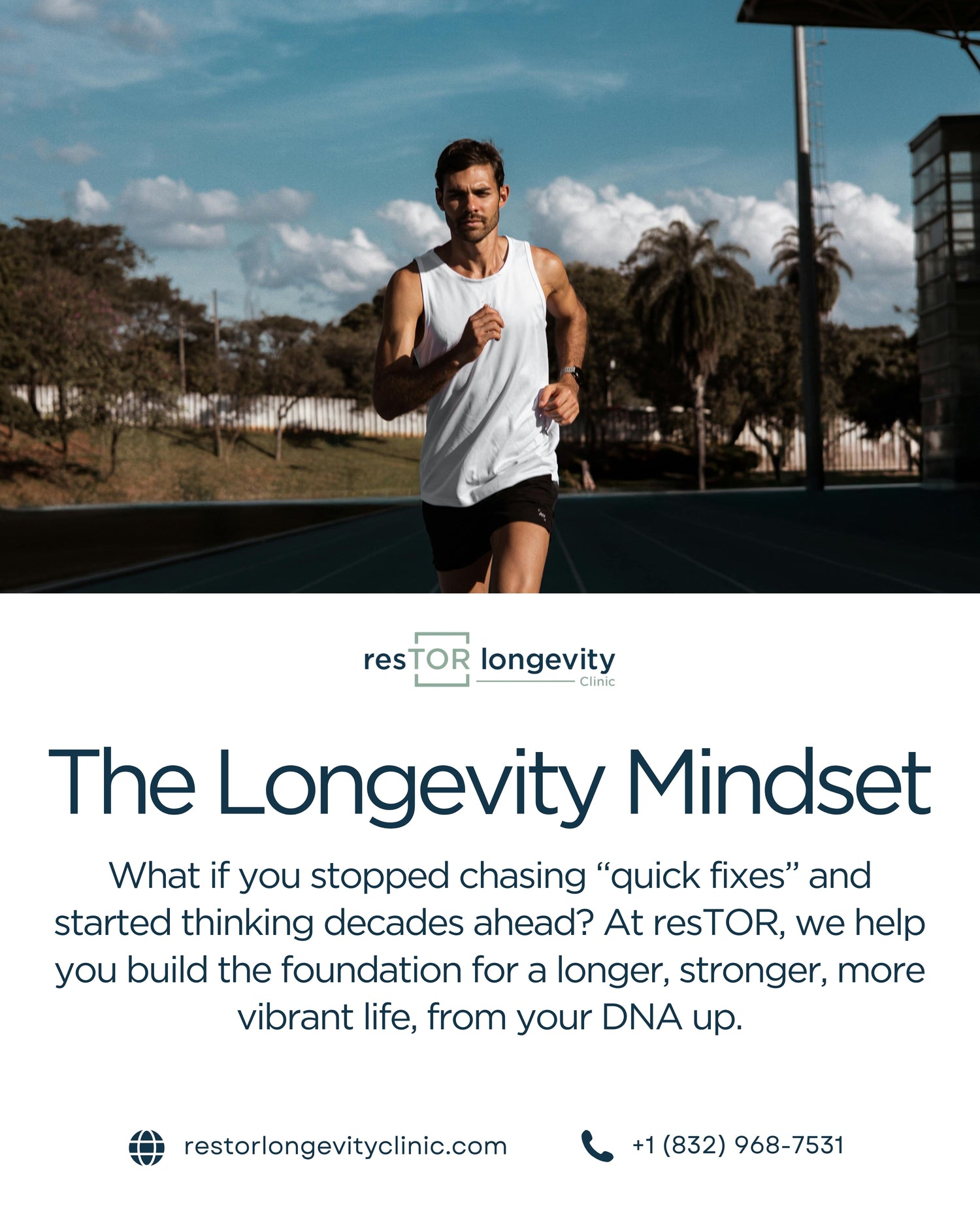 Man running outdoors on a sunny day, representing fitness, health, and a longevity-focused lifestyle at resTOR Longevity Clinic Houston