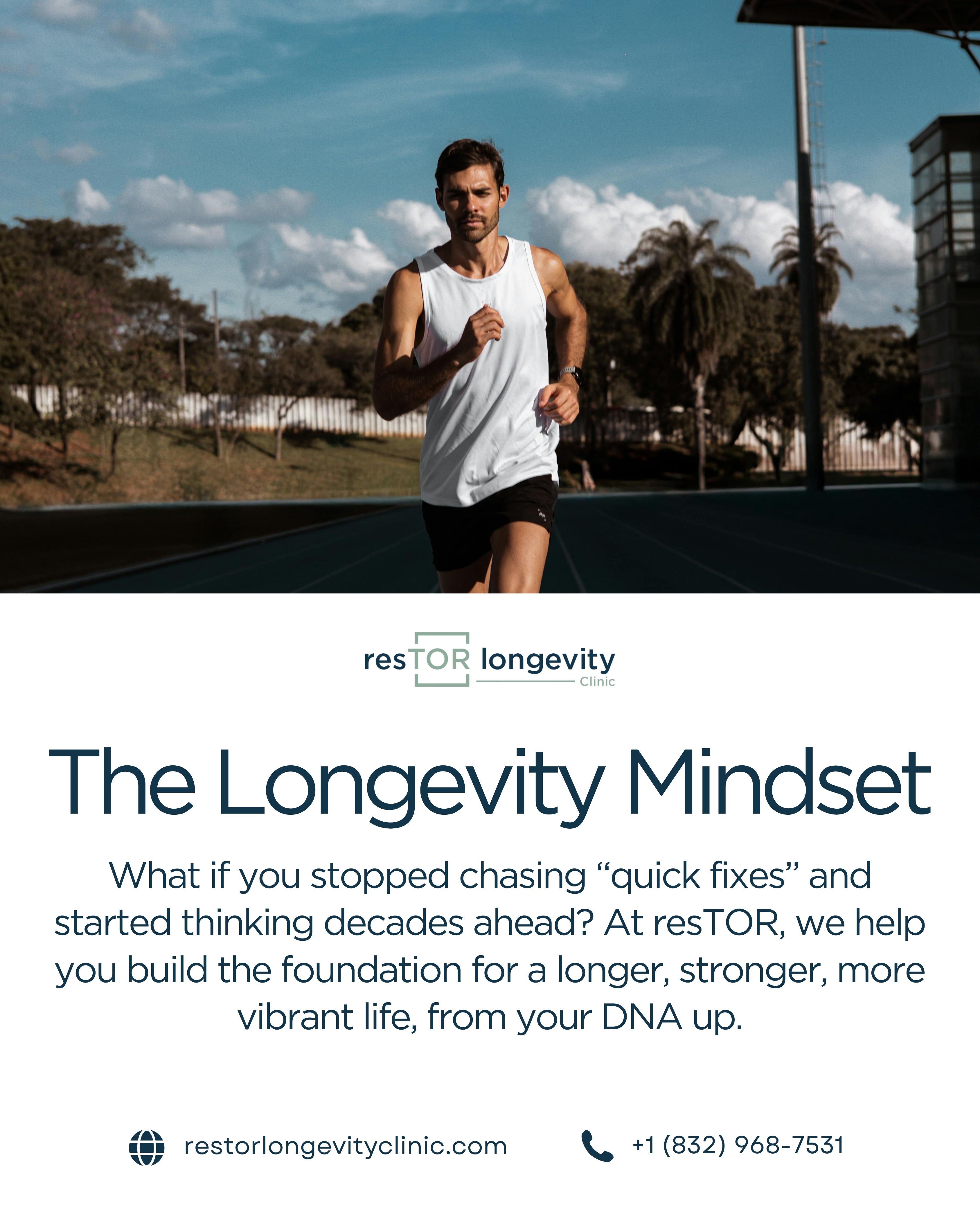 Man running outdoors on a sunny day, representing fitness, health, and a longevity-focused lifestyle at resTOR Longevity Clinic Houston