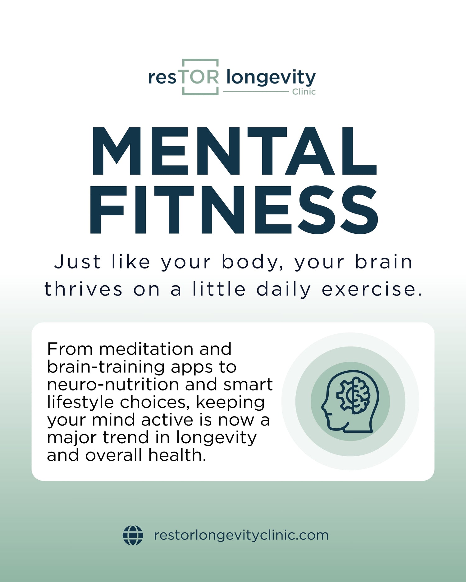 Mental fitness poster for brain health at resTOR Longevity Clinic in Houston, Texas with Dr. Greg Burzynskihighlighting daily exercise and lifestyle choices.