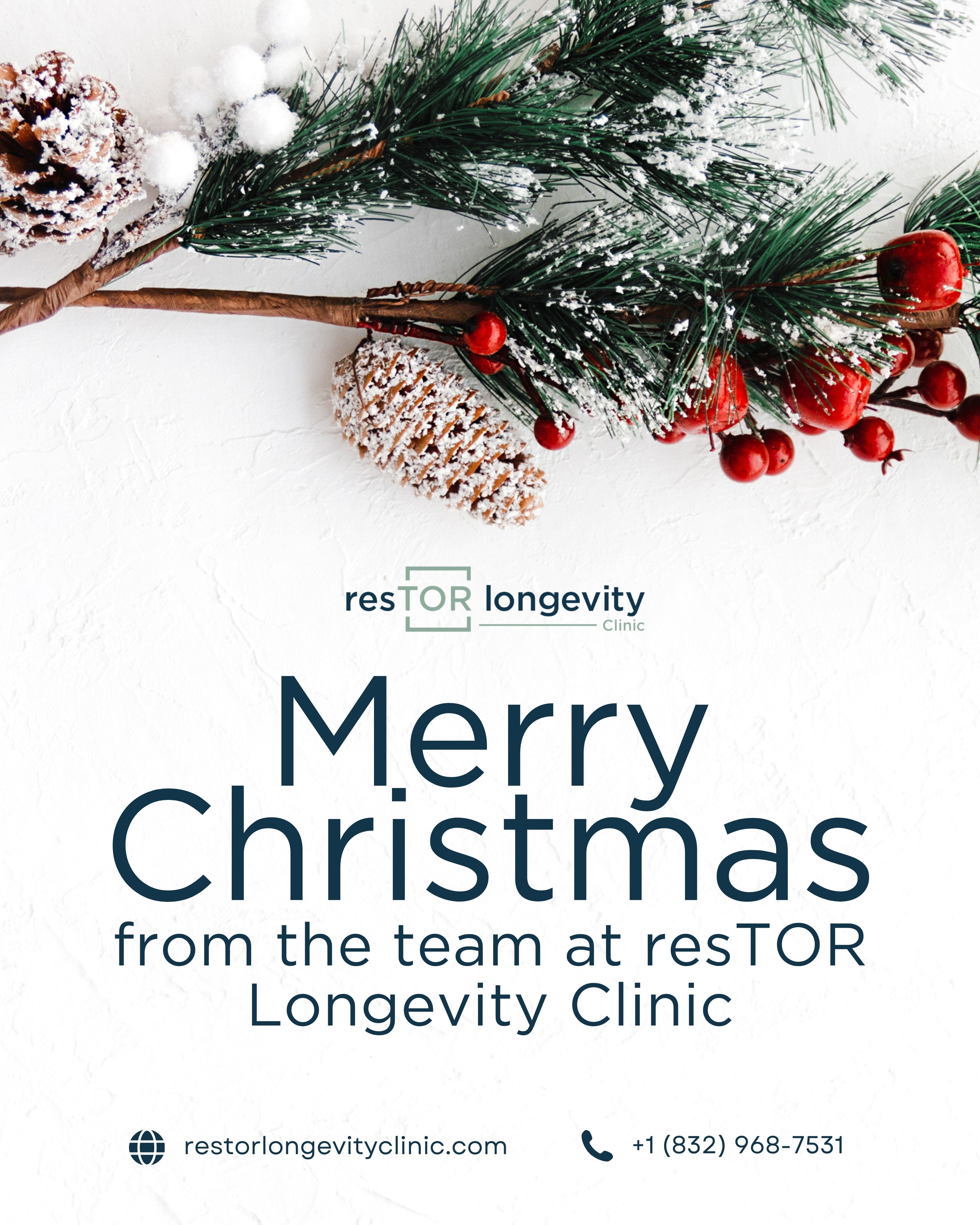 Merry Christmas from resTOR Longevity Clinic in Houston with Dr. Gregory Burzynski, celebrating health, wellness, and vitality this holiday season