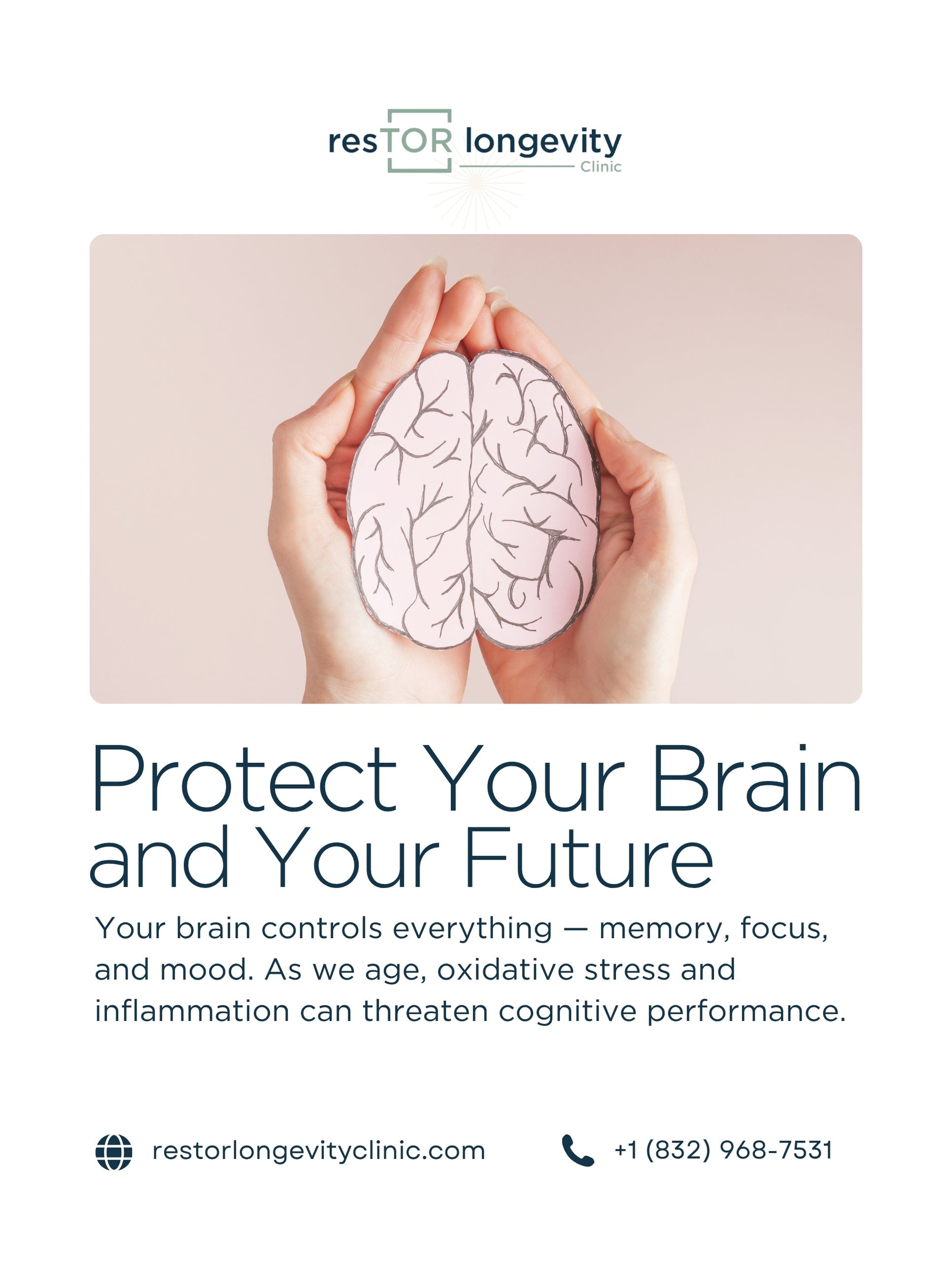 Hands holding a brain illustration highlighting cognitive health, with contact details for resTOR Longevity Clinic in Houston, Texas.