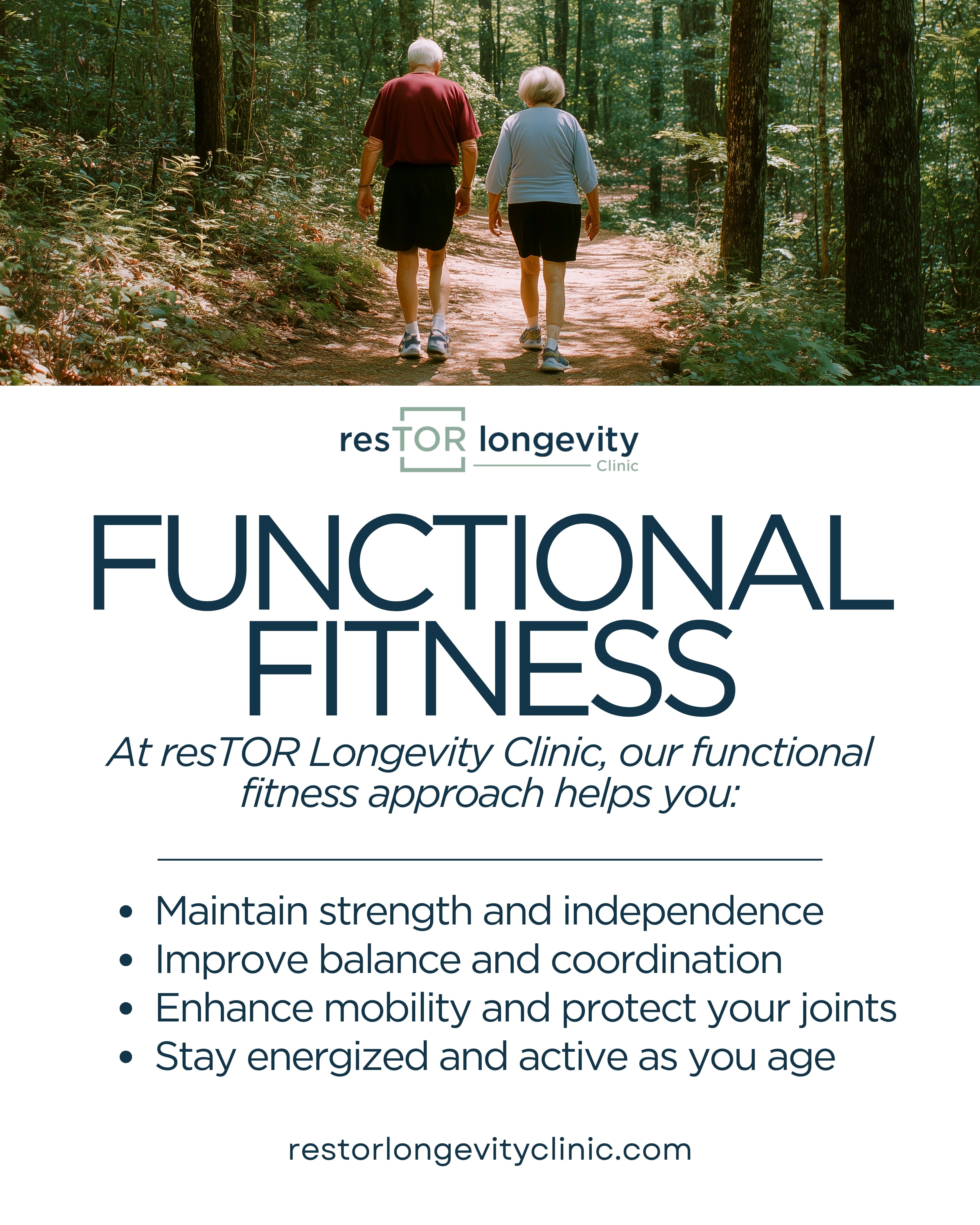 Functional fitness graphic by resTOR Longevity Clinic showing active aging and mobility in Houston TX