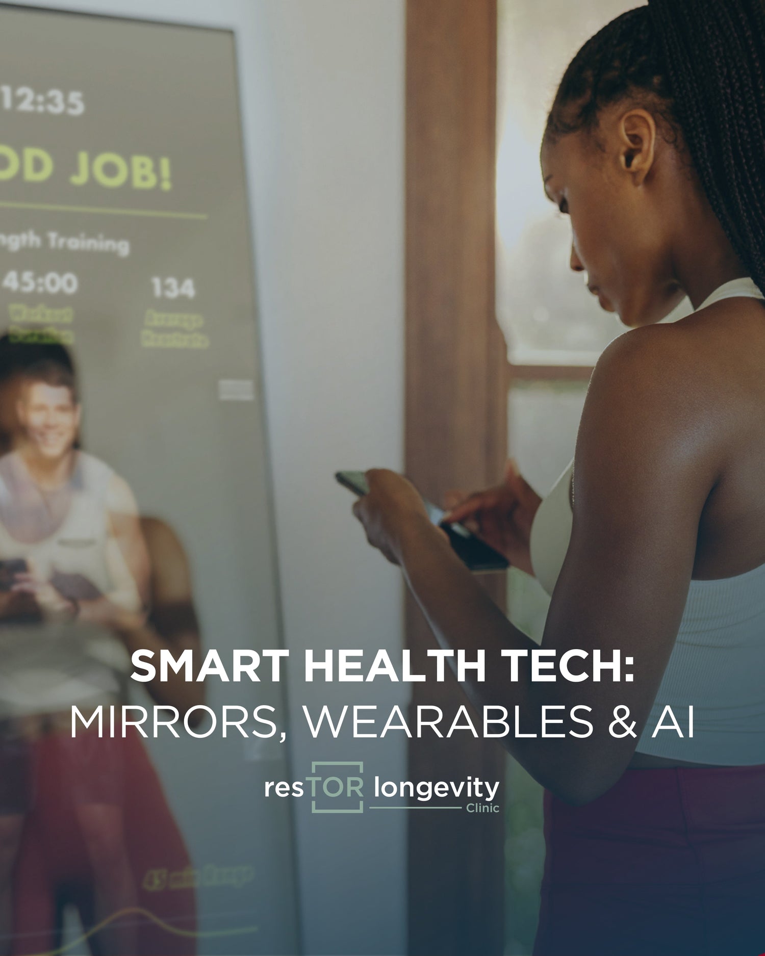 Woman reviewing smart health technology for preventive longevity care at resTOR Longevity Clinic in Houston, Texas